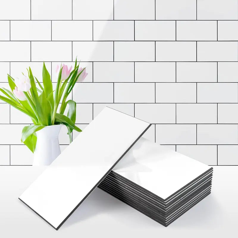 🏠 100Pcs Glossy White PVC Peel and Stick Backsplash Tile, 3''x6'' Self-Adhesive Subway Tile for Kitchen Bathroom Wall Decor