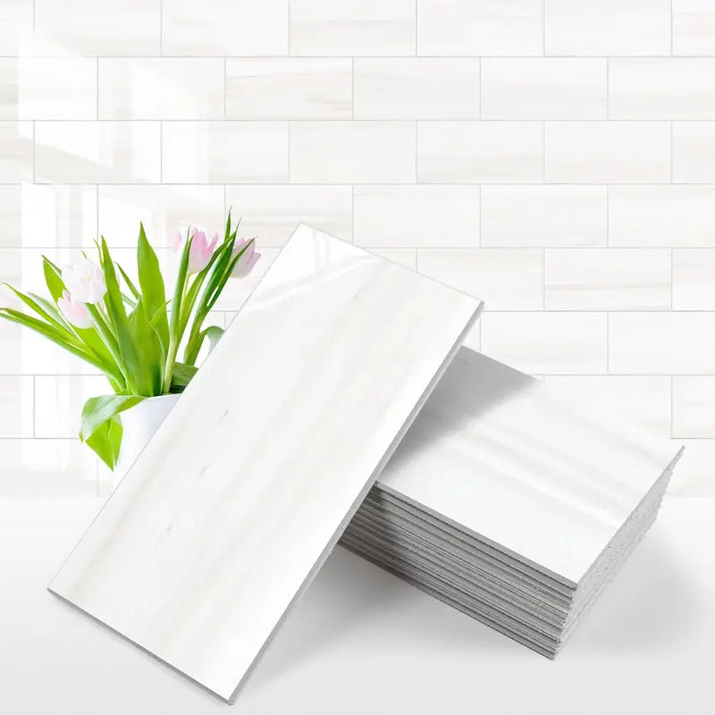 🏠 100Pcs Glossy White PVC Peel and Stick Backsplash Tile, 3''x6'' Self-Adhesive Subway Tile for Kitchen Bathroom Wall Decor