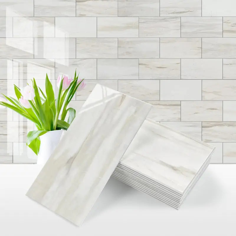 🏠 100Pcs Glossy White PVC Peel and Stick Backsplash Tile, 3''x6'' Self-Adhesive Subway Tile for Kitchen Bathroom Wall Decor