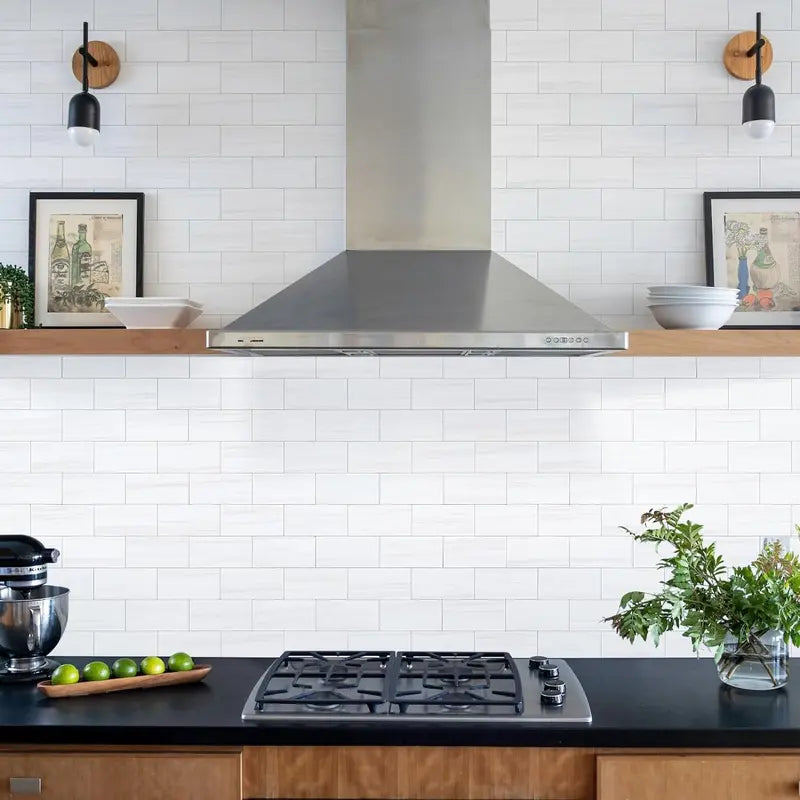 🏠 100Pcs Glossy White PVC Peel and Stick Backsplash Tile, 3''x6'' Self-Adhesive Subway Tile for Kitchen Bathroom Wall Decor