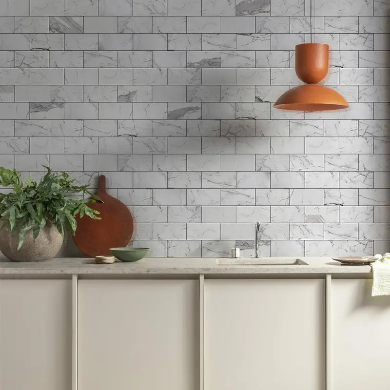 🏠 100Pcs Glossy White PVC Peel and Stick Backsplash Tile, 3''x6'' Self-Adhesive Subway Tile for Kitchen Bathroom Wall Decor
